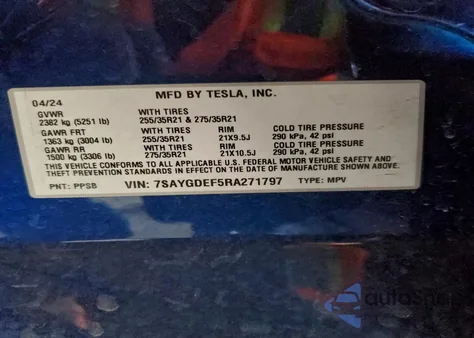 2024 Tesla Model Y из США, поврежденный, VIN 7SAYGDEF5RA271797